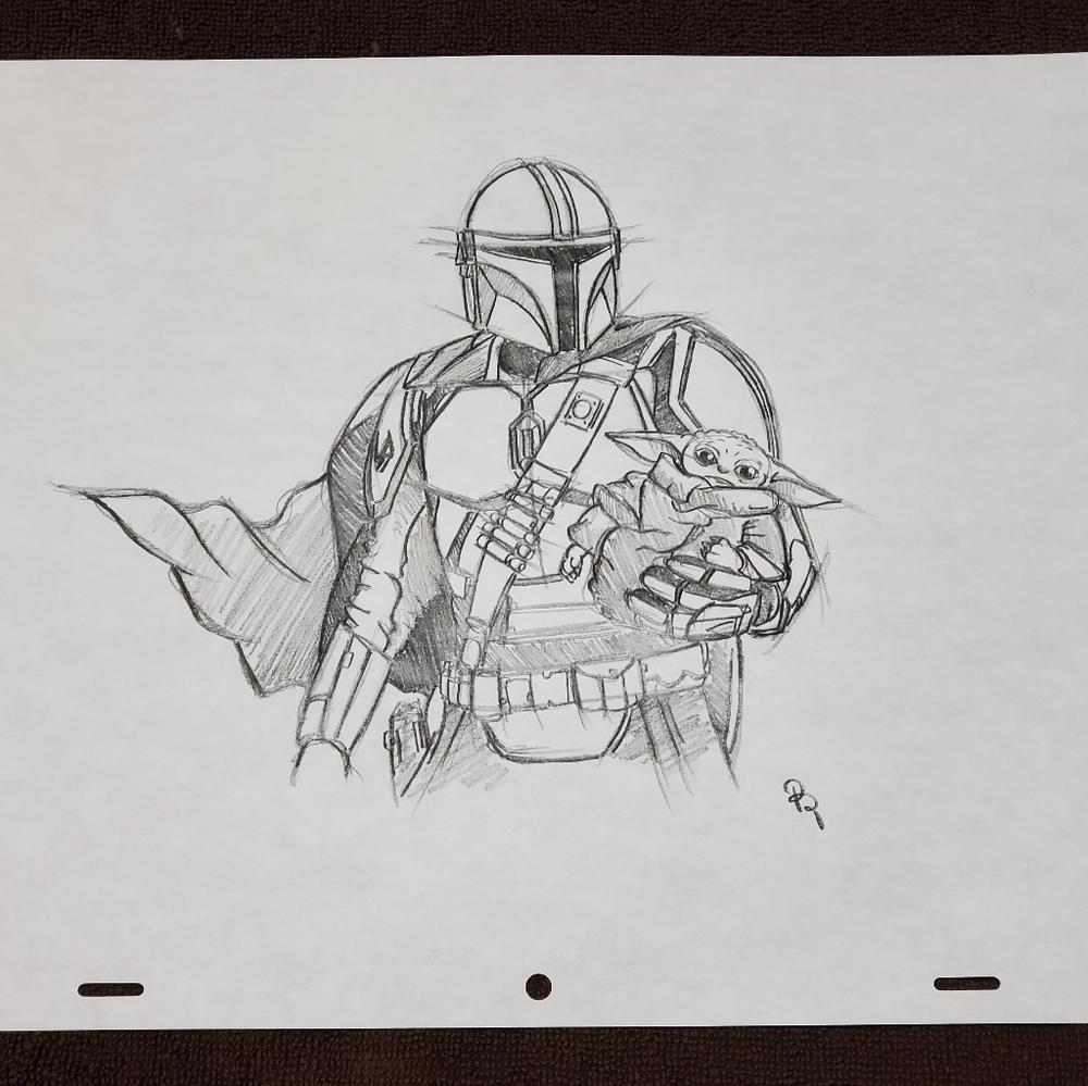Disney Star Wars Mandalorian and Grogu character Drawing/sketch signed art
